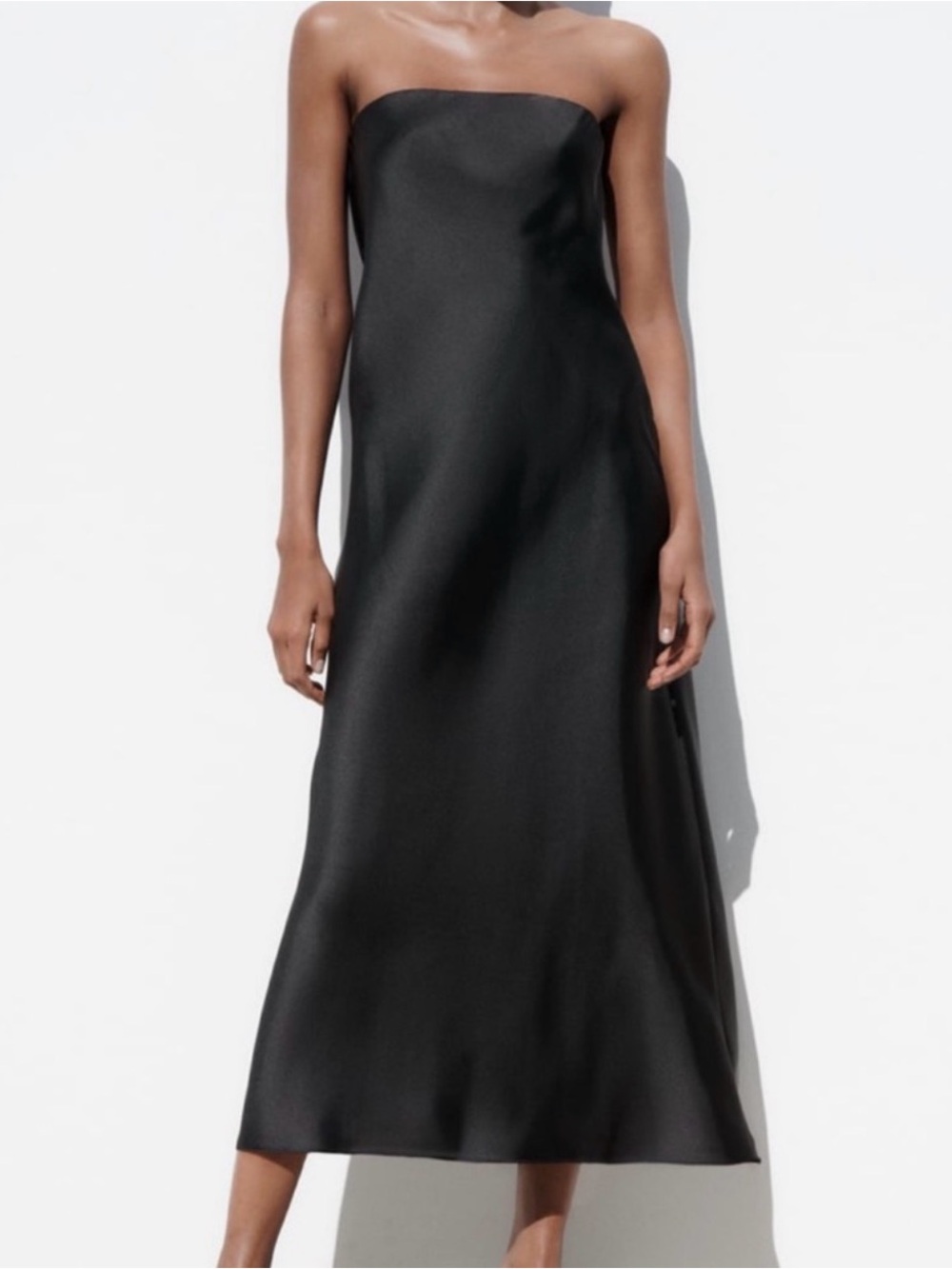 Zara Strapless Black Satin Midi Dress